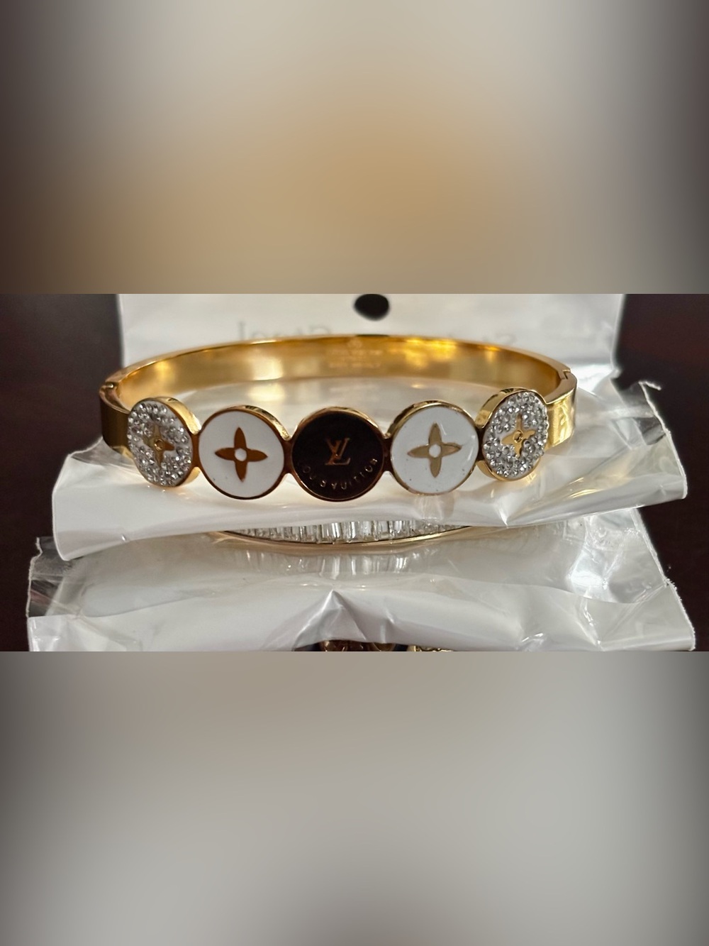 Brand New !  Gold with White and Black Monogram Disc Bangle Bracelet